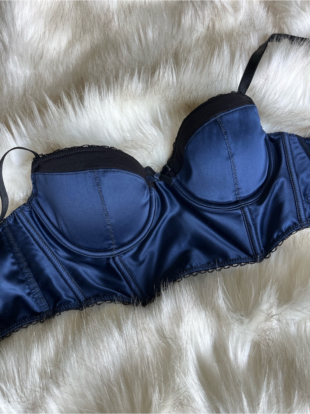 AERIE SATIN LONGLINE BUSTIER BRA UNDERWIRE/BONING NAVY BLUE